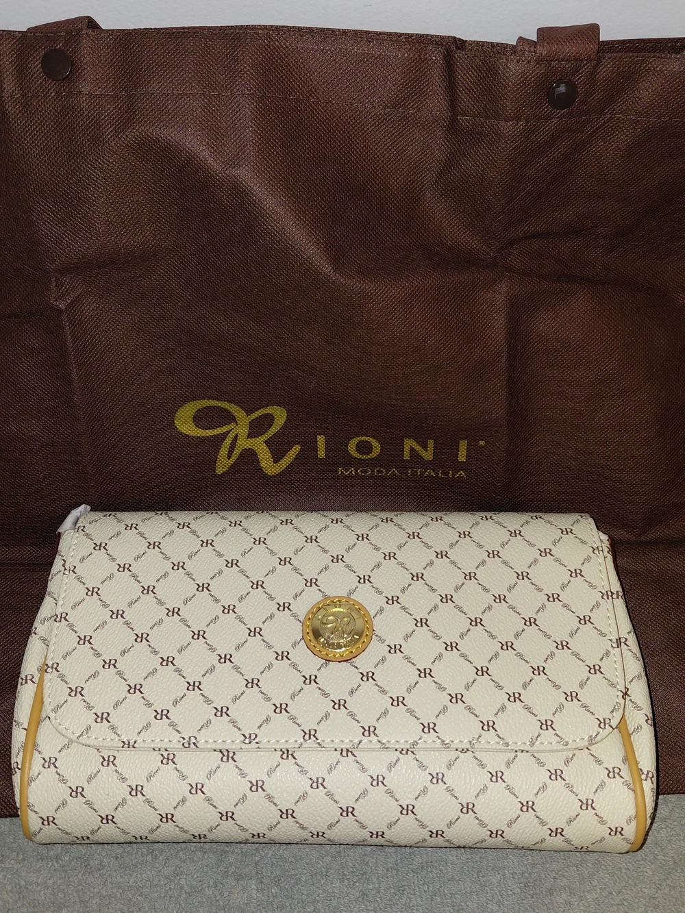 Rioni Cream Monogram Clutch with Gold Emblem